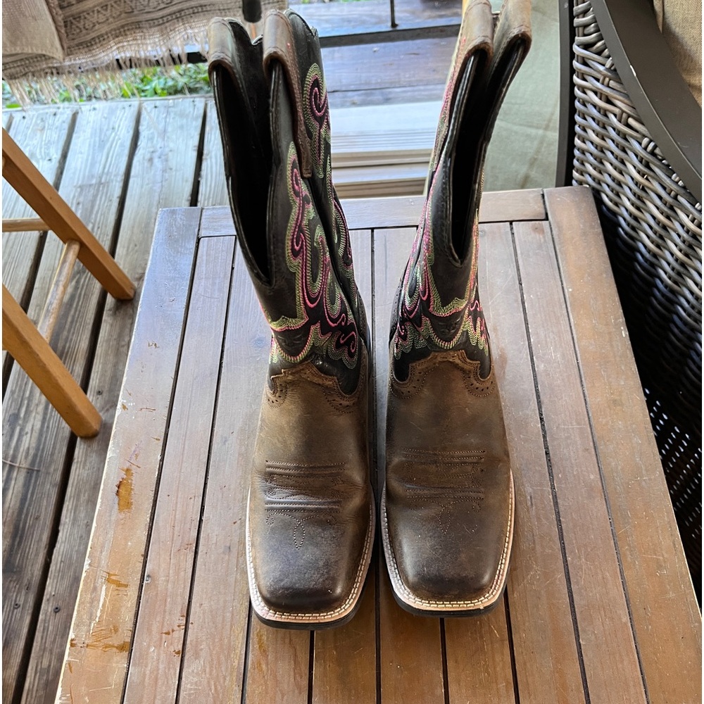 Ariat quickdraw western boot embroidered square toe womens brown pink green